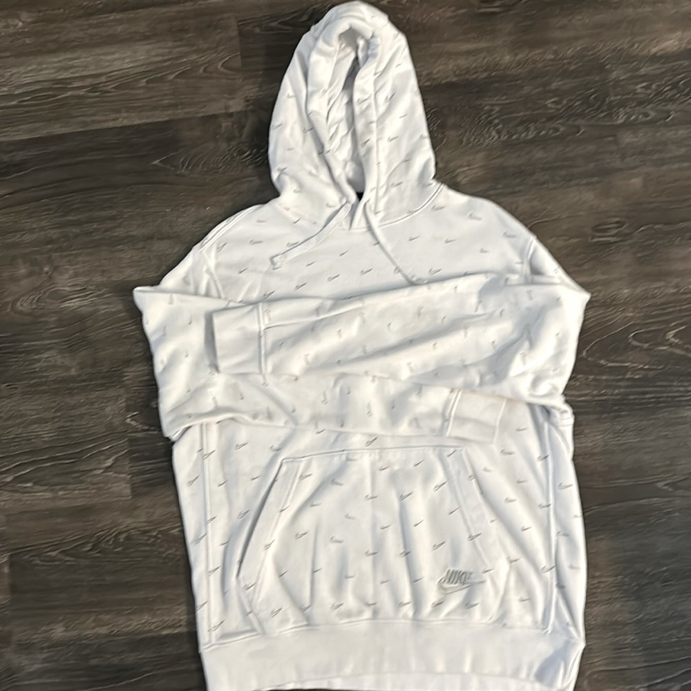 Nike men’s hoodie, white with grey Nike swoosh all over, size medium